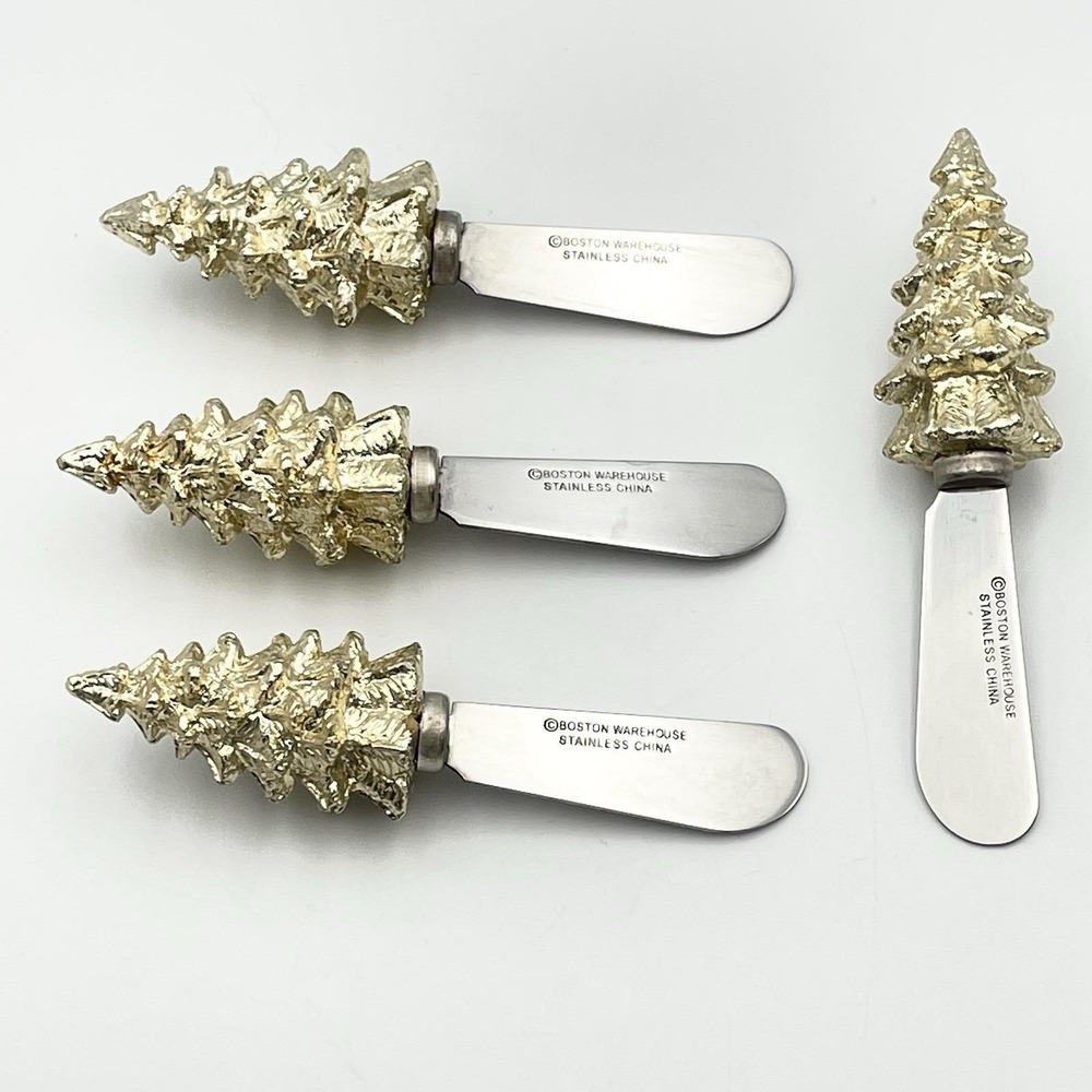 Vintage‎ 1990s Boston Warehouse Gold Christmas Tree Cheese Spreaders Set of 4